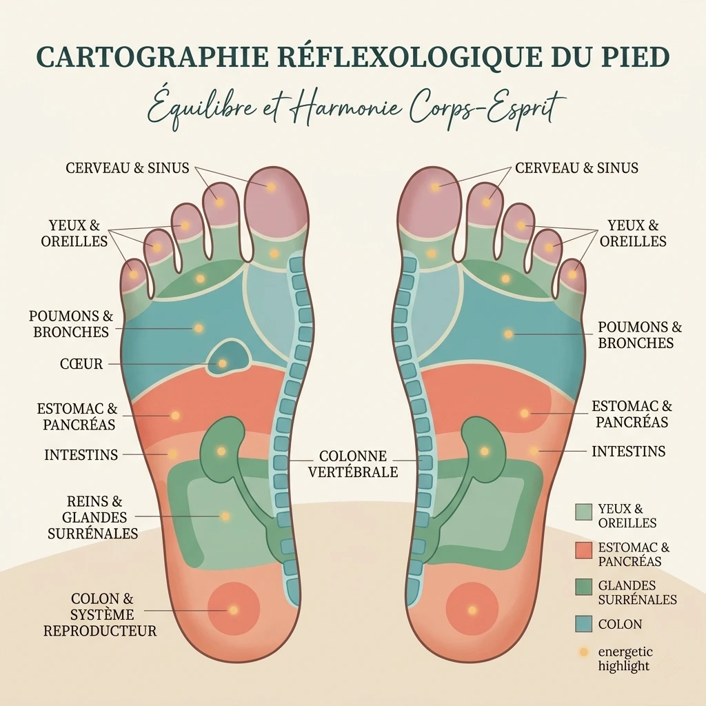 Mains du praticien appliquant des pressions douces de réflexologie sur la plante du pied lors d'une séance
